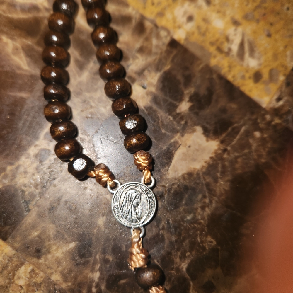 Wood Bead Rosary with Silver-tone Medal